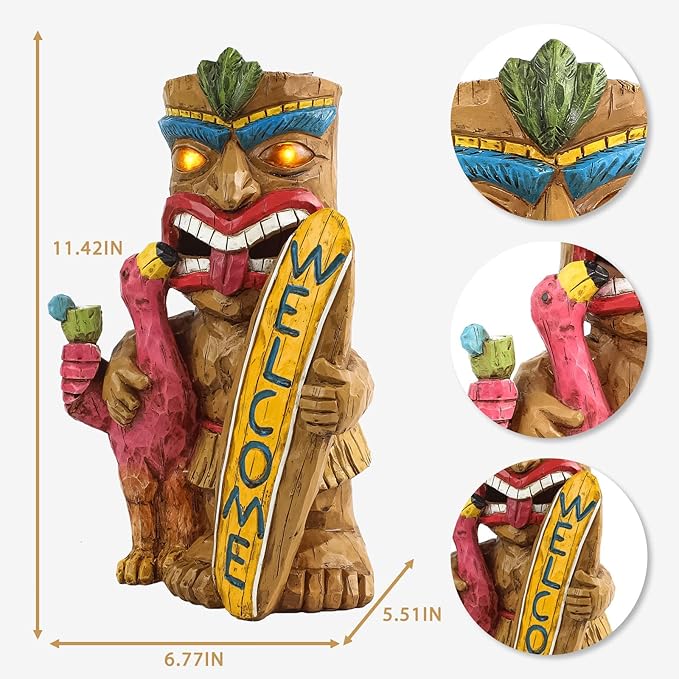 Welcome Tiki Statue with Surfboard Flamingo-Solar Outdoor Decor - Tiki Man with Automatic Switch On Flickering Eyes LED Light for Tiki Bar Decorations, Patio, Balcony, Yard,Lawn,Gifts