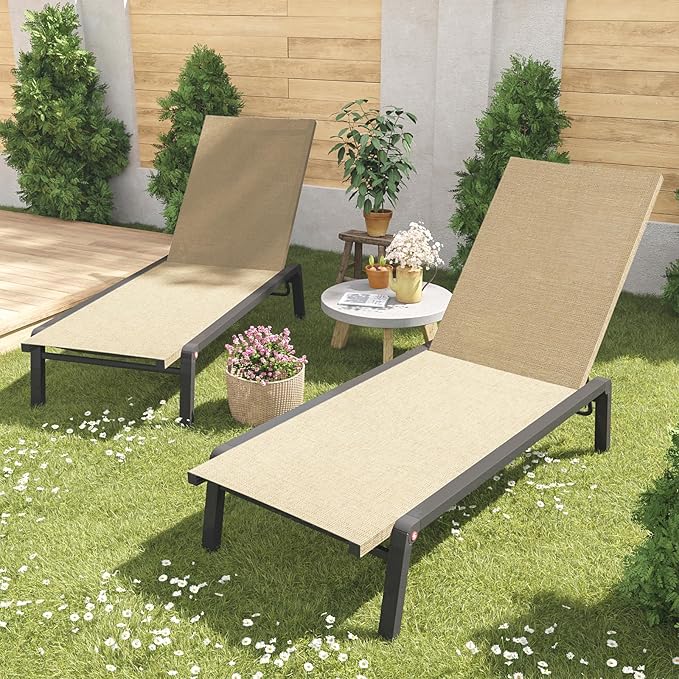Patio Chaise Lounge Set of 2 with 4 Adjustable Backrest, Foldable Aluminum Chaise Lounge Chair Recliner for Outdoor, Poolside, Sun Tanning Flaxen