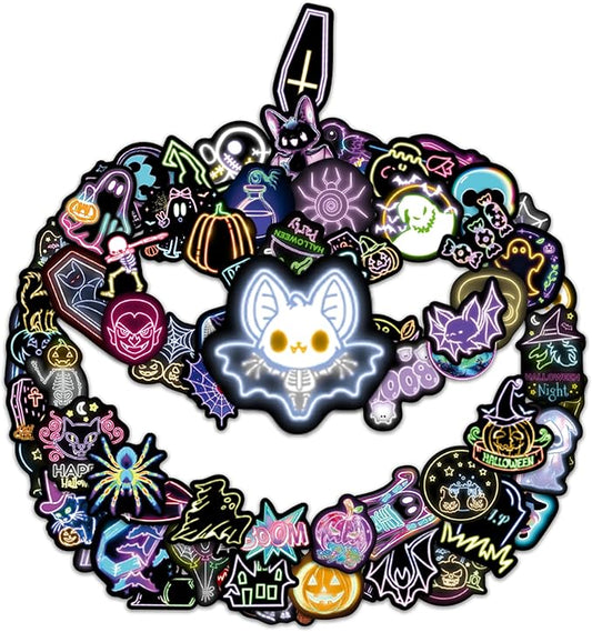 70 Pcs Neon Halloween Stickers for Kids, Waterproof Decor for Water Bottle, Vinyl Laptop Decals for Teens Girls Boys, Students Classroom Prizes