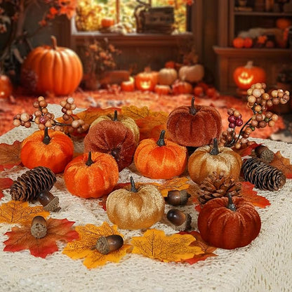 Artmag 51 PCS Artificial Fabric Pumpkins, Fall Harvest Decorations with Acorns, Pinecones, Berries, Maple Leaves for Fall Thansgiving Halloween Decoration