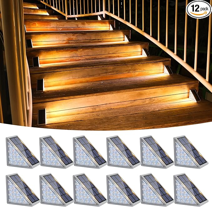 VOLISUN Outdoor Stair Lights 12 Pack, Solar Step Lights Waterproof IP67,80 Lumen, Led Step Light Outdoor for Garden Backyard Stair, Front Door,Porch and Deck(Warm White)