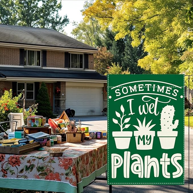 Cute Funny Garden Flag Sometimes I Wet My Plant Lover Gift Outdoor Decorations Small Double Sided Burlap art Stained Glass Style Garden Flags 12 x 18 Inch for Outside