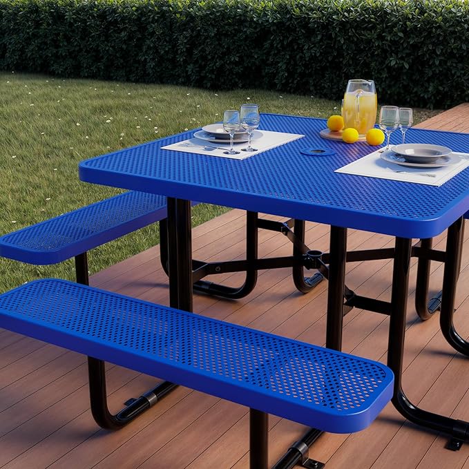 Metal Picnic Tables for Outdoors with Umbrella Hole - Coated Steel Heavy Duty Commercial Grade Table with Adjustable Seats (Blue, 46 in, Square, Punched Steel)