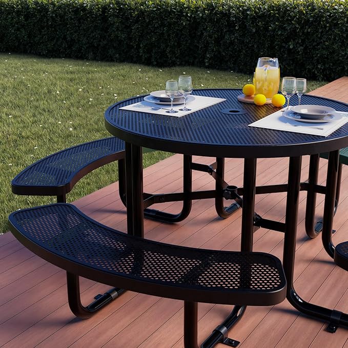 Metal Picnic Tables for Outdoors with Umbrella Hole - Coated Steel Heavy Duty Commercial Grade Table with Adjustable Seats (Black, 46 in, Round, Punched Steel)