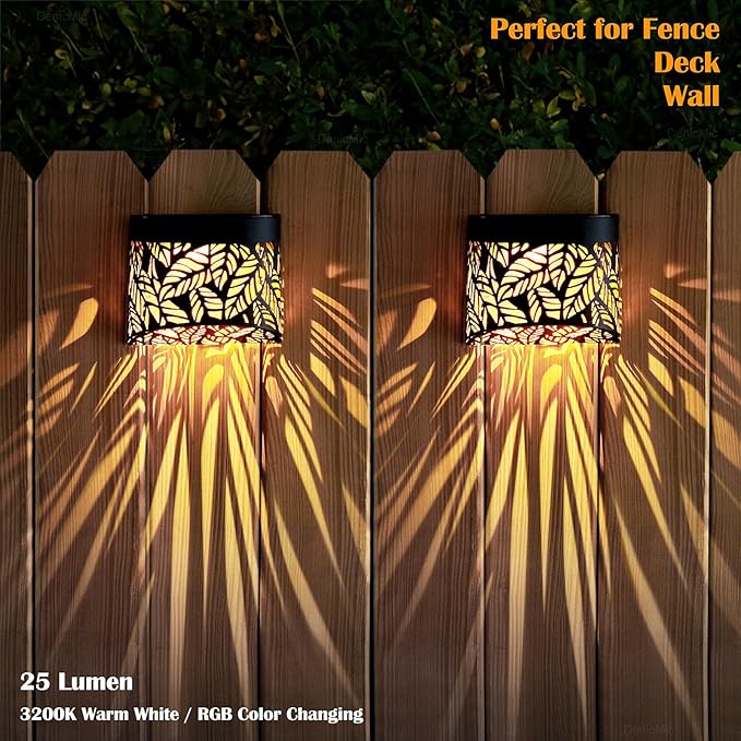 DenicMic Solar Wall Lights Outdoor 4 Pack Fence Solar Lights Led Waterproof Deck Lighting for Patio Pool Step Front Door, Metal Leaf Fence Decoration, Warm White/Color Changing