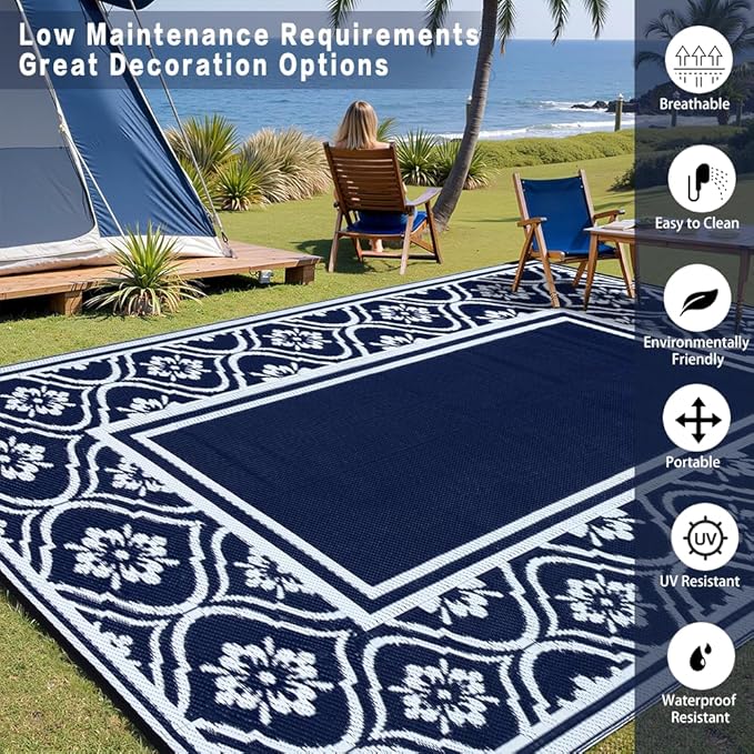 Outdoor Rug 8x10 Patio Camping Carpet Waterproof Mat Blue Outside Plastic Area Rug Reversible Rugs for RV Deck Entryance Porch Picnic Balcony Beach(8x10ft Navy Blue&White)