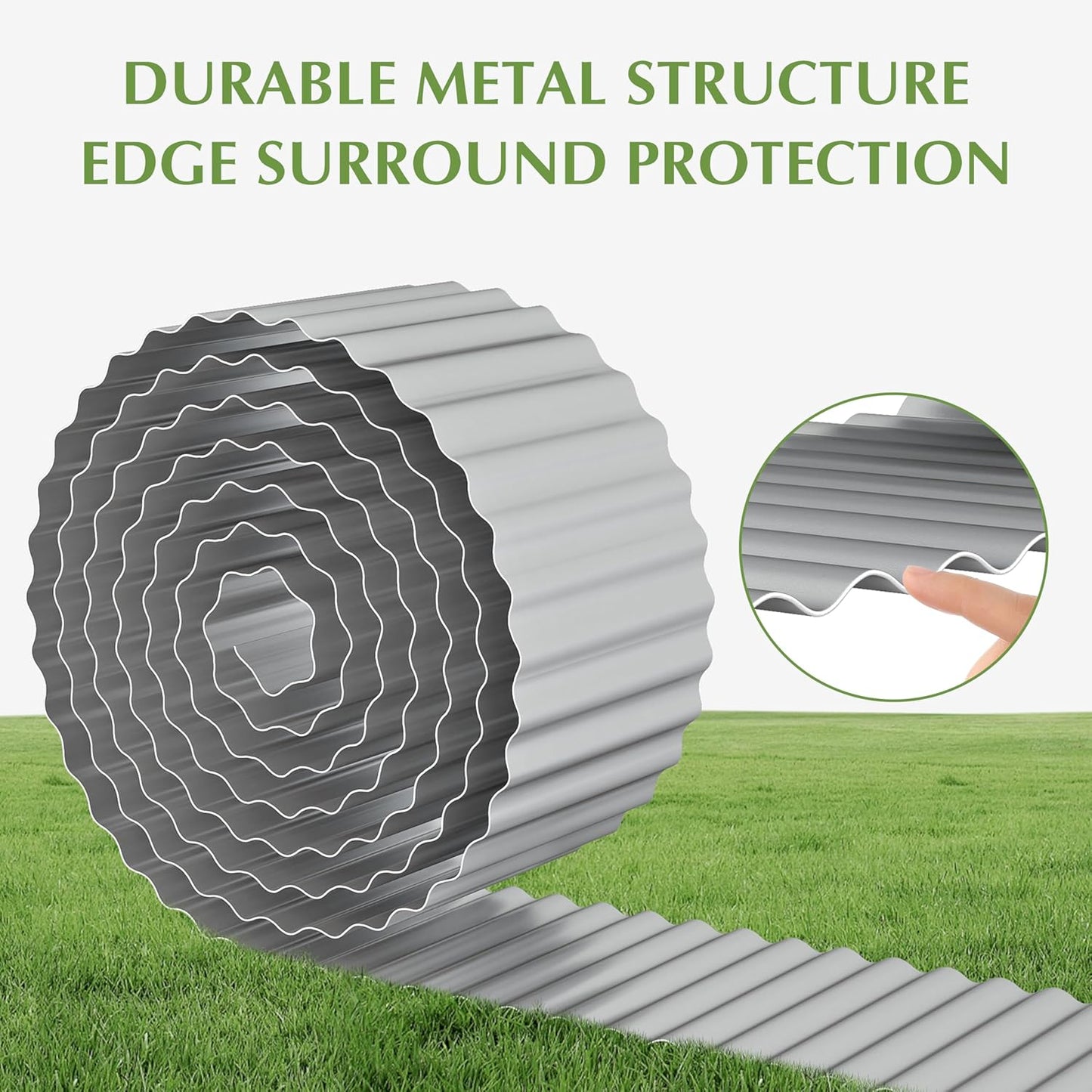 Metal Garden Edging Border, Corrugated Steel Landscaping, DIY for Lawn (Silver, 8 Inch x 10FT)