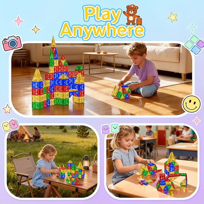 60pcs Mini Magnetic Tiles for Kids Ages 3-8,Travel Magnetic Building Blocks with Metal Storage Box, STEM Educational Toys, Montessori Sensory Learning Toys for Toddlers, Boys & Girls Gift