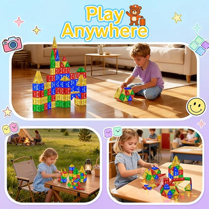 60pcs Mini Magnetic Tiles for Kids Ages 3-8,Travel Magnetic Building Blocks with Metal Storage Box, STEM Educational Toys, Montessori Sensory Learning Toys for Toddlers, Boys & Girls Gift