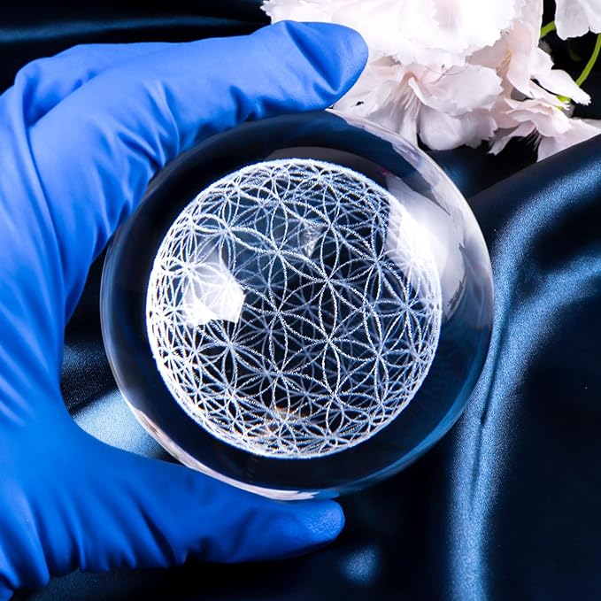 Qianwei Flower of Life Crystal Sphere with Led Colorful Lighting Touch Base, Sacred Geometry Crystal Ball Starlight Magic, Feng Shui Decor Laser Engraved Seek of Flower Inside A Sphere