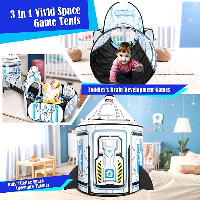 Kids Ball Pit for Play Tent: 3PC Rocket Ship Baby Gifts with Projection Flashlight, Spaceship Tents and Crawl Tunnel for Toddlers, Astronaut Pop Up Playhouse Toys for Indoor Outdoor Games (White)
