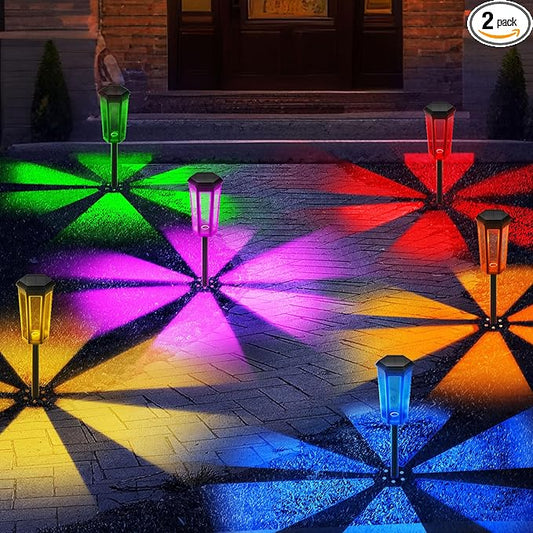 Solar Garden Decor Light, 2Pack Colorful Solar Outdoor Lights, Color Changing Solar Pathway Lights Outside Waterproof, Warm White Solar Walkway Lights for Landscape Path Yard Patio Driveway