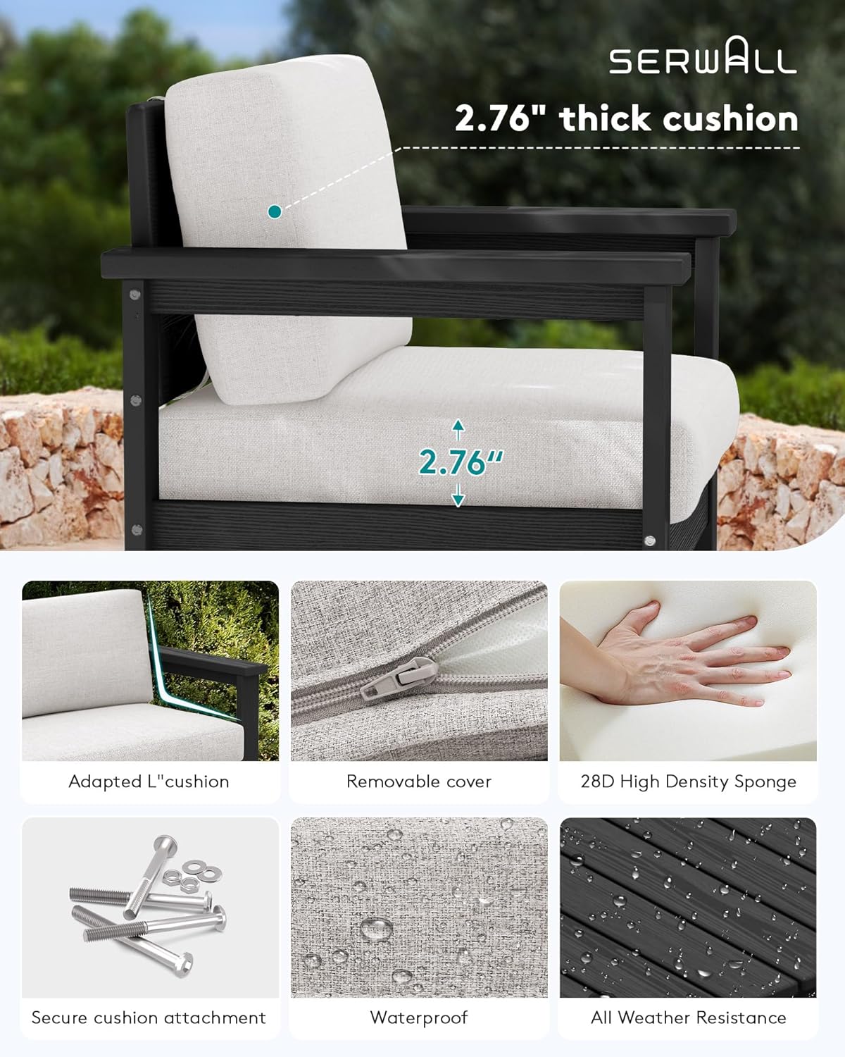 SERWALL 5 Pieces HDPE Outdoor Conversation Sofa Set with Cushions, All Weather Use Patio Couch Loveseat Furniture with Coffee Table, Black Frame with Khaki Cushions