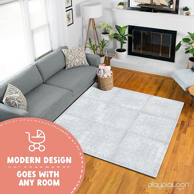 Play Platoon Large Baby Play Mat for Floor 9 Tile 72 x 72 in - Extra-Thick Interlocking Foam Tiles 24 x 24 in - Soft Puzzle Mats for Playroom - Neutral Playmat Rug - Grey, Boho Modern