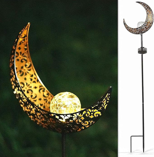 SunKite 1 Pack Garden Solar Light Outdoor Metal Moon Shape Lamp with Waterproof Crackle Glass Globe for Garden,Lawn,Patio,Pathway or Courtyard