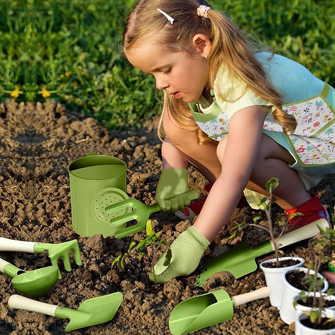 Kids Gardening Set 14Pcs Gardening Tools for Kids with Tote Bag,Watering Can, Shovel, Apron, Garden Book and More Educational STEM Learning Outdoor for Toddlers Boys Girls (Green-1)