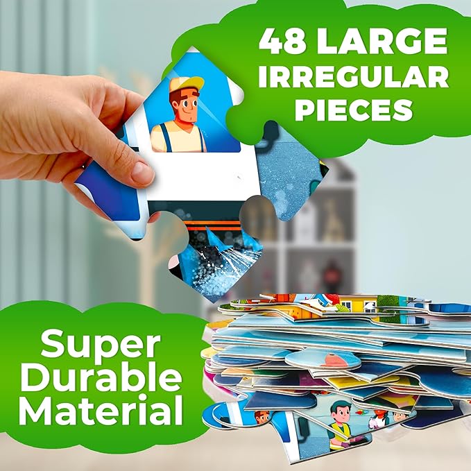 QUOKKA Giant Floor Puzzle for Kids Ages 4-6 – 2x3 Feet Extra-Thick 48 Pieces Toddler Puzzle Ages 3-5 – Garbage Trucks Educational Activity for Boys Girls – Premium Box with Sturdy Handle & Magnetic