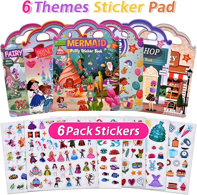 6 Set (260pcs) Puffy Sticker Books Activity for Girls, Fairytale Garden, Princess Party, Mermaid, Kids Zone, Girls' Shop, 3D Reusable Stickers, Travel Sticker Books for Kids Ages 3+