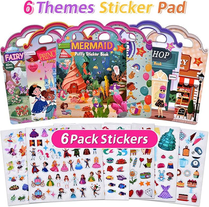 6 Set (260pcs) Puffy Sticker Books Activity for Girls, Fairytale Garden, Princess Party, Mermaid, Kids Zone, Girls' Shop, 3D Reusable Stickers, Travel Sticker Books for Kids Ages 3+