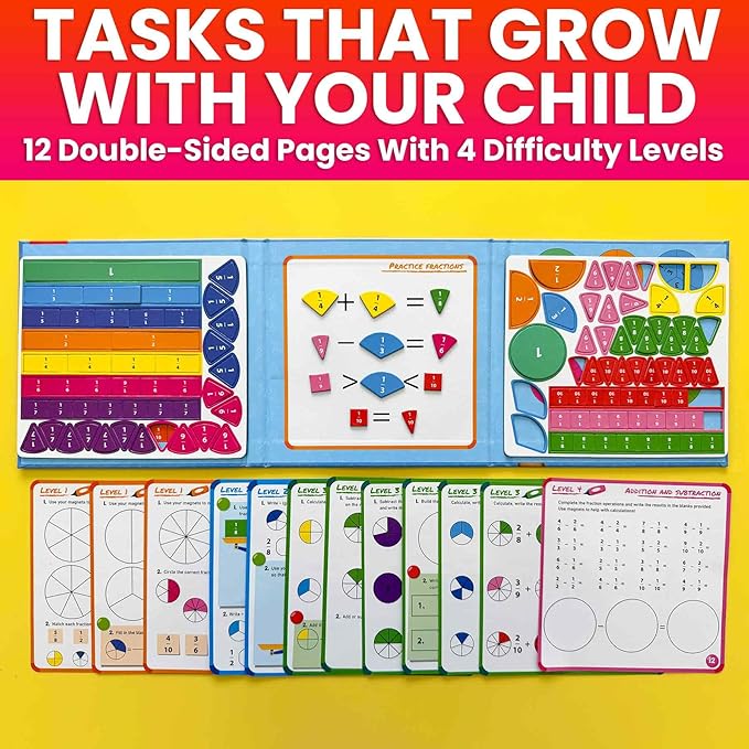 QUOKKA Magnetic Fractions Learning Set for Kids Ages 6-12 – Hands-On Math Games for Homeschooling, Classrooms & Travel – 110 Magnets, 12 Task Pages, Marker – Montessori Educational Toy Puzzles