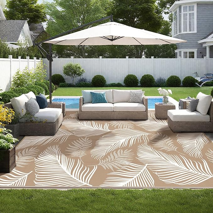 Pauwer Waterproof Outdoor Rug 9x12, Reversible Plastic Straw Patio Camping Rug, Indoor Outdoor RV Mat Carpet for Deck, Camper, Porch, Balcony, Backyard, Picnic, Leaf Brown