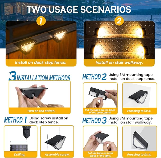 SOLPEX Solar Step Lights for Outside, 24 LEDs Solar Stair Lights Outdoor Waterproof Decor for Porch, Front Door, Stair, Step, Deck, Fence, Balcony, Patio, Wall, Yard, Garden(6 Pack, Warm White)
