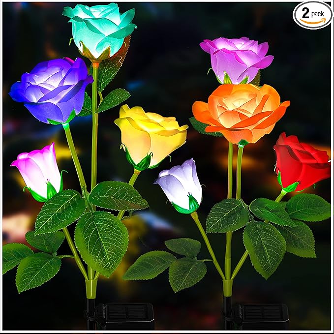 TONULAX Solar Garden Lights - Upgraded Outdoor Light, 7-Color Changing Rose Lights for Yard,Garden Decoration, Enlarged Solar Panel, More Realistic Rose Flower (2 Packs)