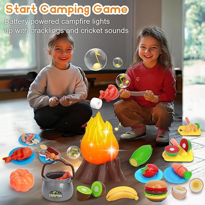 Kids Camping Toys, Mitcien Camping Set Include Pretend Campfire Play Food Fruits & Vegetables Hamburger Magnetic Fishing Toy Toddler Outdoor Adventure Educational Toys for Kids Age 3 4 5 6 + Years Old