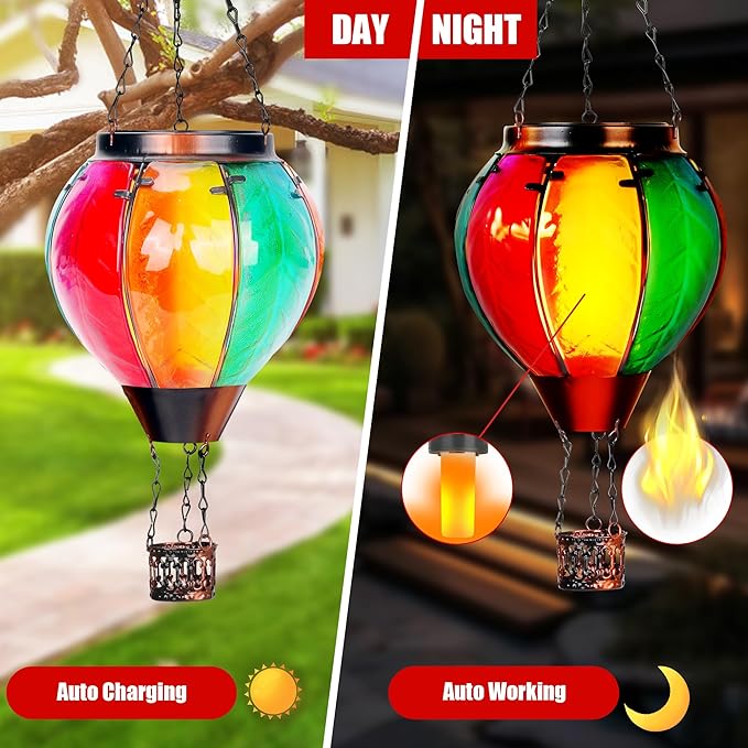 2 Pack Solar Hot Air Balloon Lantern with Flame, Hot Air Balloon Christmas Halloween Outdoor Decorations for Garden Yard Porch Decor, Large Hanging Outdoor Decor, Glass Solar Lantern Waterproof