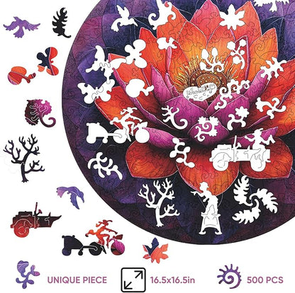 Jiroinlly Flower Wooden Puzzle for Adults, Round Mandala Color Challenge Jigsaw Puzzles 500 Piece, Family Reunion Puzzle for Adults and Kids, Best Gift for Family Friends Royal 16.5x16.5in