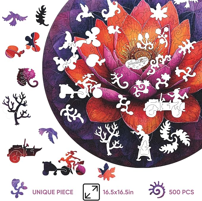 Jiroinlly Flower Wooden Puzzle for Adults, Mandala Jigsaw Puzzles 200 Piece, Unique Shapes Family Reunion Puzzle for Adults and Kids, Beautiful Package, Best Gift for Family Friends Medium 11.2x11.2in