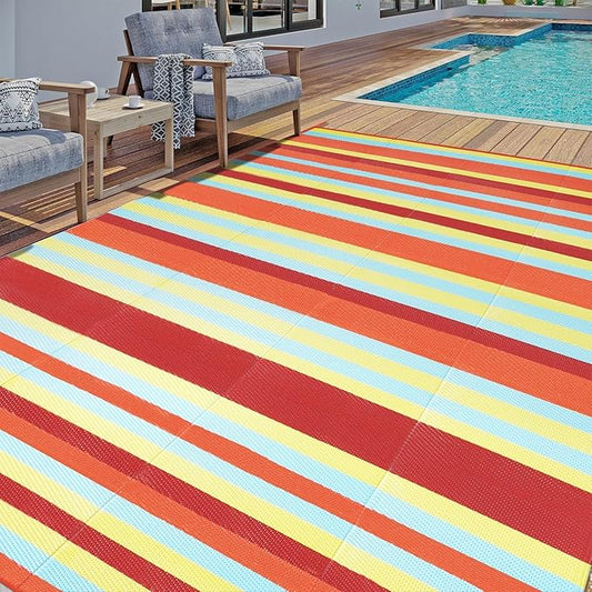 Outdoor Waterproof Rug 9'x12' Plastic Straw Rugs Washable Reversible Floor Mat Rainbow Stripe Carpet for Camping RV Deck Entryance Porch Picnic Balcony Beach Backyard