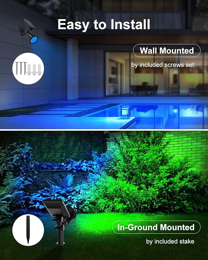 2 Pack Color Changing Solar Spotlights Outdoor for Decorations, Tree, Statue, House Wall, Super Bright Waterproof Solar Lanscape Spot Lights Uplighting for Outside, Yard, Garden, Adjustable Brightness