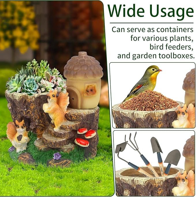 Solar Garden Statue Squirrel Decor,Flower Pots Planters Pots for Succulent,Outdoor Garden Sculpture for Patio Balcony Yard Lawn Decor,Unique Gift for Dad Mom Grandma
