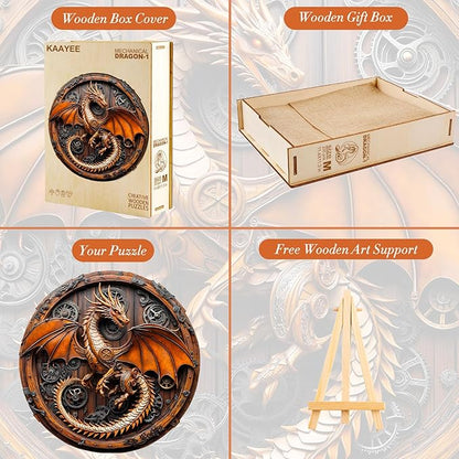 KAAYEE Wooden Puzzles for Adults, 3D Vision Mechanical Dragon Wooden Jigsaw Puzzles, Unique Shape Advanced Wood Puzzle Adult Birthday Fathers Mothers Gifts Family Games (M-11.4 * 11.3in-200pcs)