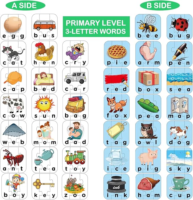 80 Words Self-Correcting Spelling Puzzles, Double-Sided Three and Four Letter Words with Matching Images, Perfect for Preschool Learning
