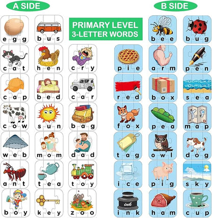 80 Words Self-Correcting Spelling Puzzles, Double-Sided Three and Four Letter Words with Matching Images, Perfect for Preschool Learning