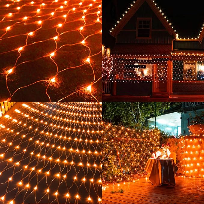 WATERGLIDE Outdoor Halloween Net Lights, 12FT x 5FT 360 LED Fairy String Light with 8 Lighting Modes, Connectable Light Safe Adaptor for Garden Tree, Bushes, Holiday Wedding Party Decorations, Orange