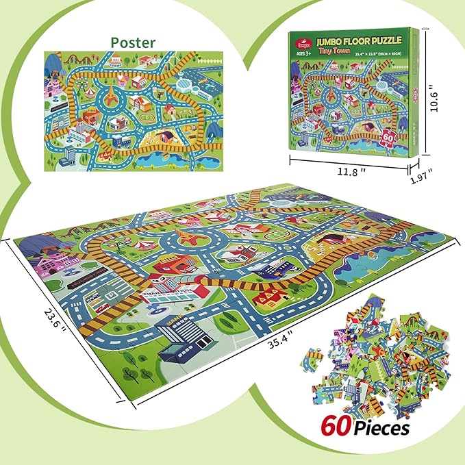 City PlayMat Jumbo Floor Puzzle for Kids Ages 3-8，60-Piece Large Jigsaw Puzzles, Town Map with Race Tracks & Train Tracks，Educational Toy for Pretend Play, Ideal Gift for Preschoolers