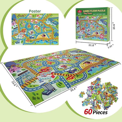 City PlayMat Jumbo Floor Puzzle for Kids Ages 3-8，60-Piece Large Jigsaw Puzzles, Town Map with Race Tracks & Train Tracks，Educational Toy for Pretend Play, Ideal Gift for Preschoolers