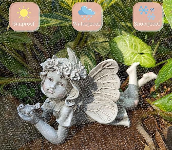 MeritMode Fairy Flower Garden Outdoor Statue - Angel Holding Bird and Butterfly, 11" Width, Cherub Decor and Grandma Gifts, Patio and Yard