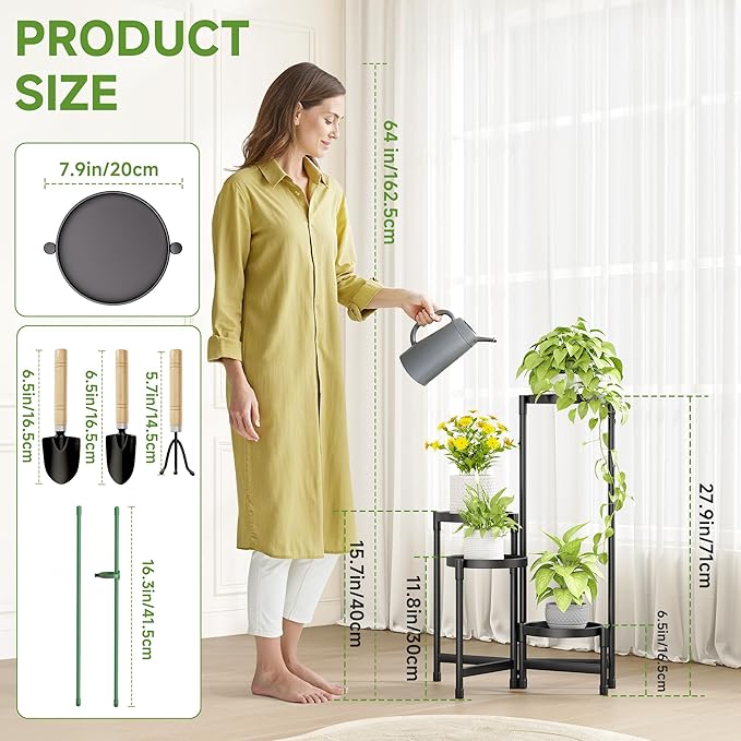4-Tier Metal Plant Stand Indoor, Foldable Corner Plant Shelf Outdoor, Rotatable Tiered Tall Plant Stand, Black Multiple Plant Stands for Patio Living Room Balcony Garden Home Decor