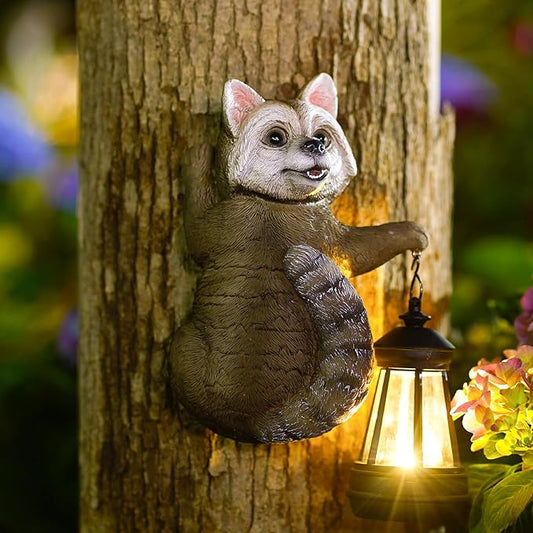 Raccoon Tree Hungger with Solar Lantern - 7.4 Inch Raccoon Outdoor Statue for Garden Yard Decor Outside,Best Garden Gifts for Mom,Women