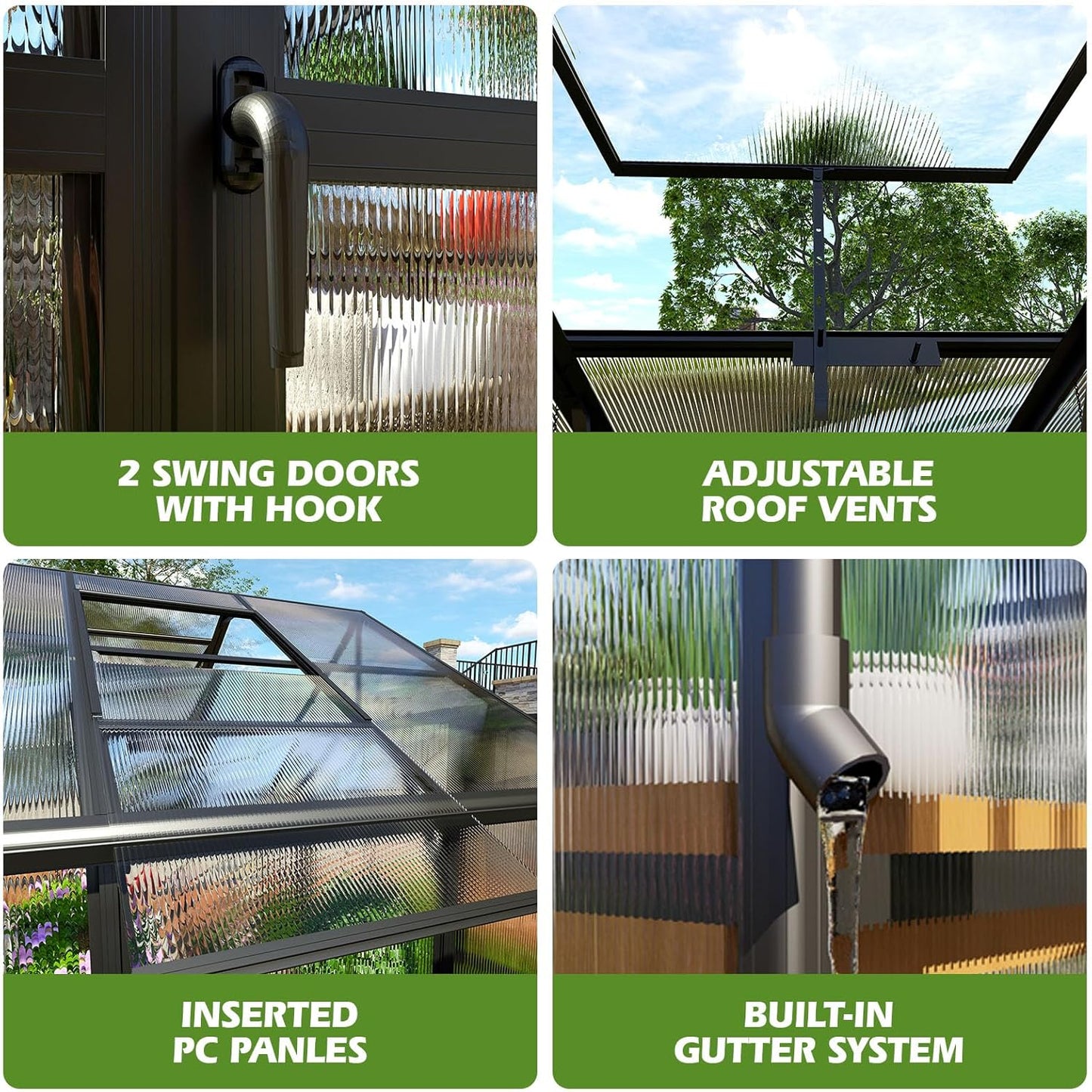 AMERLIFE 10x18x8.4 FT Polycarbonate Greenhouse with 4 Roof Vents & Rain Gutter, Heavy Duty Aluminum Greenhouse for Outdoor Garden Backyard, Black