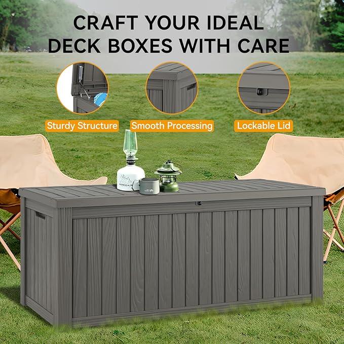 NUNU LAB 180 Gallon Outdoor Storage Box,Large Resin Sturdy Deck Box, Backyard Outside Storage Box Waterproof with Double Wall Panels,Package Delivery Garden Hose Storage Bin Outdoor Tool,Grey