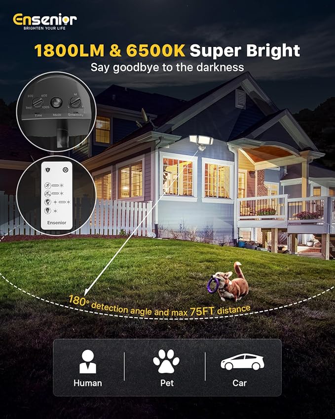 Ensenior 1800LM Solar Flood Lights Outdoor, Motion Sensor Outdoor Light 6500K, IP65 Waterproof, Separate Solar Panel, Solar Security Light with 5 Sensor Modes and 3 Adjustable Head for Yard (Black)