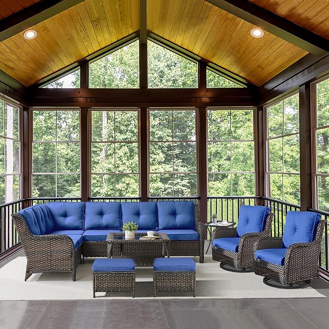 Outdoor Furniture Sectional Sofa L Shaped Couch - Patio Wicker Set with 2 Swivel Glider Chairs, 8 Piece Rattan Patio Conversation Sets with Blue Cushion for Deck Backyard Sunroom