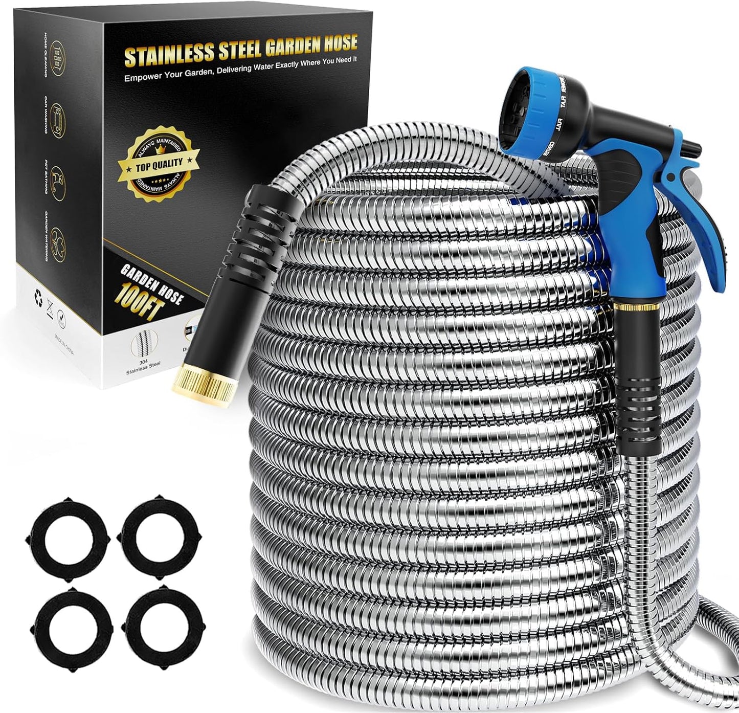 Lefree Garden Hose 100ft, Metal Garden Hose, Flexible Water Hose with 10-Function Nozzle, Stainless Steel Heavy Duty Hose, Crush Resistant, Leak Proof, No Kinks Garden Hoses for Yard, Outdoors, Rv