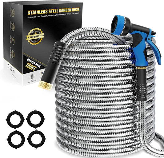 Lefree Garden Hose 100ft, Metal Garden Hose, Flexible Water Hose with 10-Function Nozzle, Stainless Steel Heavy Duty Hose, Crush Resistant, Leak Proof, No Kinks Garden Hoses for Yard, Outdoors, Rv