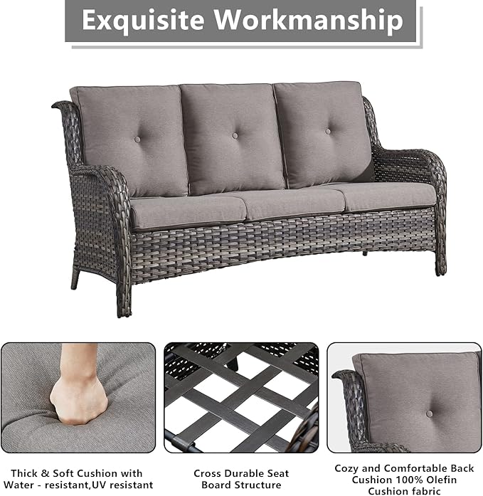 Outdoor Wicker Patio Furniture Set - 6 Piece Rattan Patio Conversation Set with 2 Rocking Swivel Chairs,2 Ottomans,1 Sofa and 1 Side Table for Porch Deck Backyard Garden(Mixed Grey/Grey)